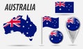 AUSTRALIA. Set flag, map pointer, button, waving flag, symbol, flat icon and map in the colors of the national flag. Vector Royalty Free Stock Photo