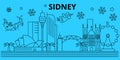 Australia, Sidney winter holidays skyline. Merry Christmas, Happy New Year decorated banner with Santa Claus.Flat