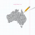 Australia sketch scribble vector map drawn on checkered school notebook paper background