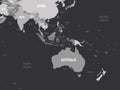 Australia and Southeast Asia map - grey colored on dark background. High detailed political map of australian and