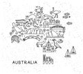 Australia Travel Line Icons Map. Travel Poster with animals and sightseeing attractions. Inspirational Vector