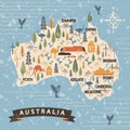 Australia travel map with the cities of Canberra, Melbourne, etc. Cartoon landmarks and wild animal symbol. Sydney Opera House,