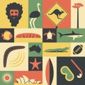 Australia, vector flat illustration, icon set, landmark. Man, ostrich, road sign, tree, fish, mountain, turtle, shark