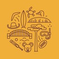 Australia, vector outline illustration, pattern. boomerang, hat, serf, bridge, cricket, koala, tree Baobab, sport, mountain Uluru Royalty Free Stock Photo