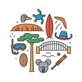 Australia, vector outline illustration, pattern, white background: boomerang, hat, serf, bridge, cricket, koala, tree