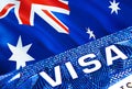 Australia visa document close up. Passport visa on Australia flag. Australia visitor visa in passport,3D rendering. Australia