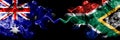 Australia vs South Africa, African smoky mystic flags placed side by side. Thick colored silky smokes combination of national Royalty Free Stock Photo