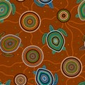 Australian Aboriginal Art. Sea turtles and jellyfish. Seamless pattern. Background brown