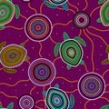 Australian Aboriginal Art. Sea turtles and jellyfish. Seamless pattern. Purple background