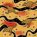 Australian aboriginal art seamless vector pattern with dotted circles, kangaroo, crooked stripes and other typical ethnic elements