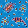 Australian aboriginal art seamless vector pattern with dolphin, turtle and other dotted typical elements