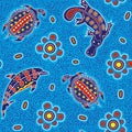 Australian aboriginal art seamless vector pattern with dolphin, turtle, platypus and other dotted typical elements