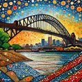 Australian aboriginal dot art style painting of the Sydney harbor bridge.