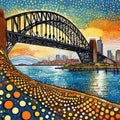 Australian aboriginal dot art style painting of the Sydney harbor bridge