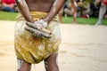 Australian aboriginal people holding Traditional Wood Claves percussion instruments. Royalty Free Stock Photo