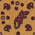 Australian aboriginal seamless pattern with dotted circles, lizard, palms, boomerangs and spirals Royalty Free Stock Photo