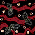 Australian aboriginal seamless vector pattern with dotted circles, lizars, spirals, rings and crooked stripes