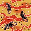 Australian aboriginal seamless vector pattern with dotted circles, lizars, spirals, rings and crooked stripes