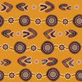 Australian aboriginal seamless vector pattern with dotted circles, rings, boomerangs and wavy stripes