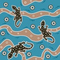 Australian aboriginal seamless vector pattern with dotted circles, lizars, spirals, rings and crooked stripes Royalty Free Stock Photo