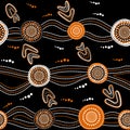 Australian aboriginal seamless vector pattern with dotted circles, rings, boomerangs and wavy stripes