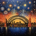 Australian aboriginal style dot painting of Sydney harbor bridge.