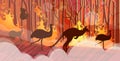 Australian animals silhouettes running from forest fires in australia wildfire bushfire burning trees natural disaster