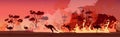 Australian animals silhouettes running from forest fires in australia wildfire bushfire burning trees natural disaster