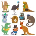 Australian animals vector cartoon animalistic character in wildlife Australia kangaroo sportsman koala crocodile