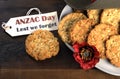 Australian army slouch hat and traditional Anzac biscuits with tag Royalty Free Stock Photo