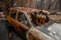Australian bushfire aftermath: Burnt car carcass Royalty Free Stock Photo