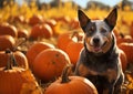 Australian Cattle dog in a pumpkin patch field Royalty Free Stock Photo