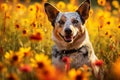 Australian cattle dog sitting in meadow field surrounded by vibrant wildflowers and grass on sunny day AI Generated Royalty Free Stock Photo