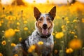 Australian cattle dog sitting in meadow field surrounded by vibrant wildflowers and grass on sunny day AI Generated Royalty Free Stock Photo