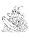 Australian Christmas gnome with surfboard. Christmas coloring page.