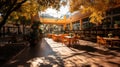 Australian classroom and playground scenes, Northern Territory. School or college cafe in the park with yellow trees and rays of