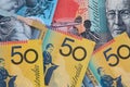 Australian currency closeup featuring fifty dollar notes Royalty Free Stock Photo