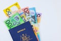 Australian currency dollars cash banknotes an Australian passport with a white background Royalty Free Stock Photo