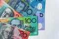 Australian dollar banknotes on wooden background, close up Royalty Free Stock Photo