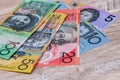 Australian dollar banknotes on wooden table background Royalty Free Stock Photo