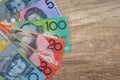 Australian dollar banknotes on wooden table close up Royalty Free Stock Photo
