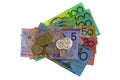 Australian dollar coins and different banknote & x28;AUD& x29; 5 10 20 50 Royalty Free Stock Photo