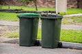 Australian garbage wheelie bins with green lids filled with green garden waste lined up on the street kerbside