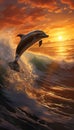 Australian Golden surf surfing dolphins sunset Digital_008 Royalty Free Stock Photo