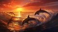 Australian Golden surf surfing dolphins sunset Digital_008 Royalty Free Stock Photo