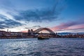 Australian iconic landmark Sydney Harbour Bridge against picturesque sunset sky Royalty Free Stock Photo