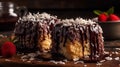 Australian lamington cake with raspberry jam and chocolate sauce sprinkled with coconut flakes Royalty Free Stock Photo