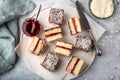 Australian lamington cake with raspberry jam