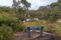 Australian landscape with eucalyptus forest and lake with sign Wombat pool