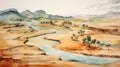 Australian Landscape: Watercolor Painting Of A Desert River Oasis